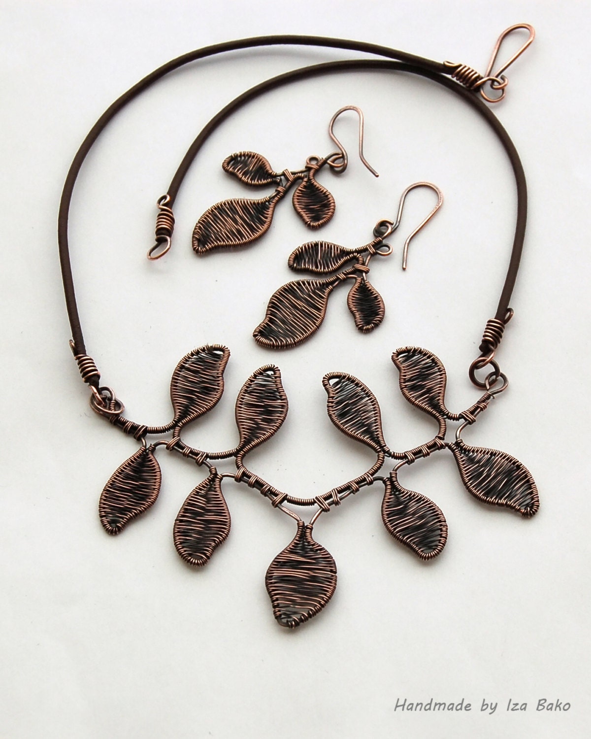 Metal and leather necklace - wire wrapped copper branch necklace, ooak, original design