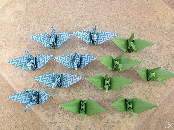 12 Origami cranes - Outdoor decor - blue and green paper cranes - Summer