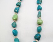 Beaded Turquoise Necklace, Natural Stones, Green, Blue and Silver, Western, Southwestern N201