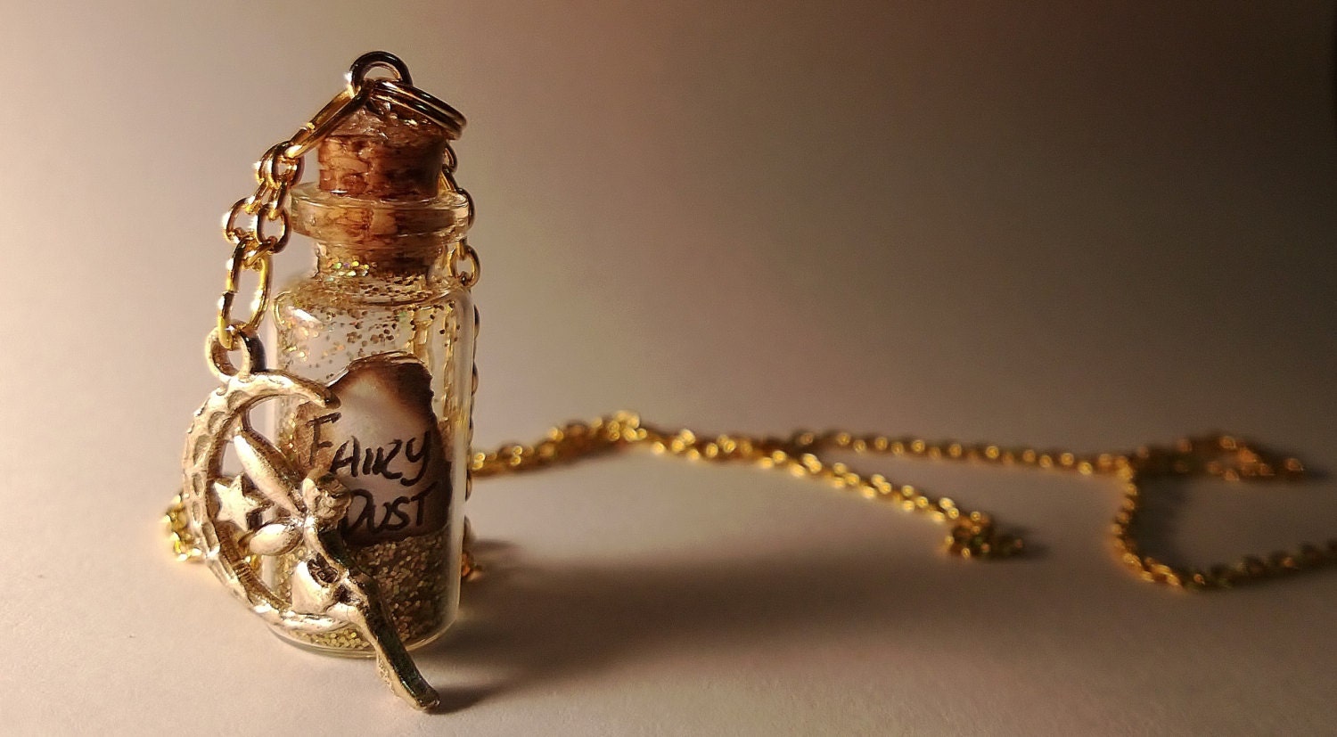 Fairy Dust Vial Necklace - Disney Tinkerbell Peter Pan Pixi Inspired - Handmade Corked Glass Bottle - Gold Fairy Moon Star Charm