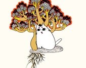 Illustration Drawing Pen and Ink Art Digital Print Cute Cat Drawing Gift House Home Decoration Funny Colorful Tree Flower Special