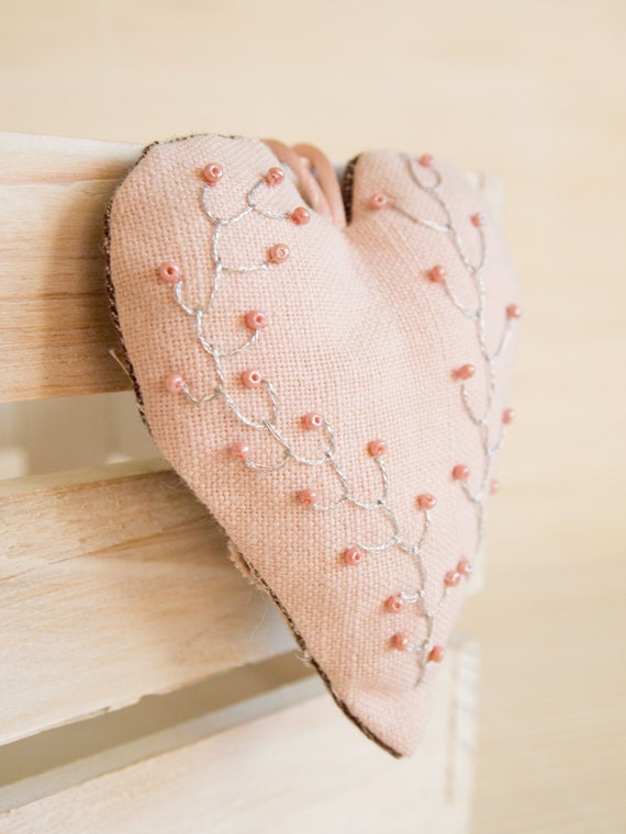 Decoration heart embroidered linen light pink OOAK