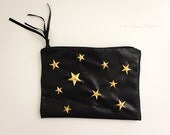 Zippered Pouch Clutch Black Clutch Punk Star Pouch Gold Star Cosmetic Bag Leather look Pouch Black Pouch Makeup Purse