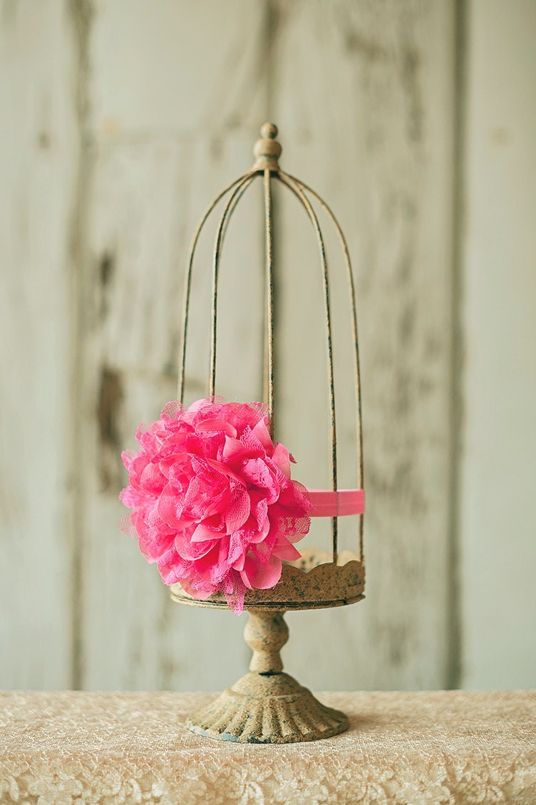 Large hot pink lace flower baby girl toddler children's headband