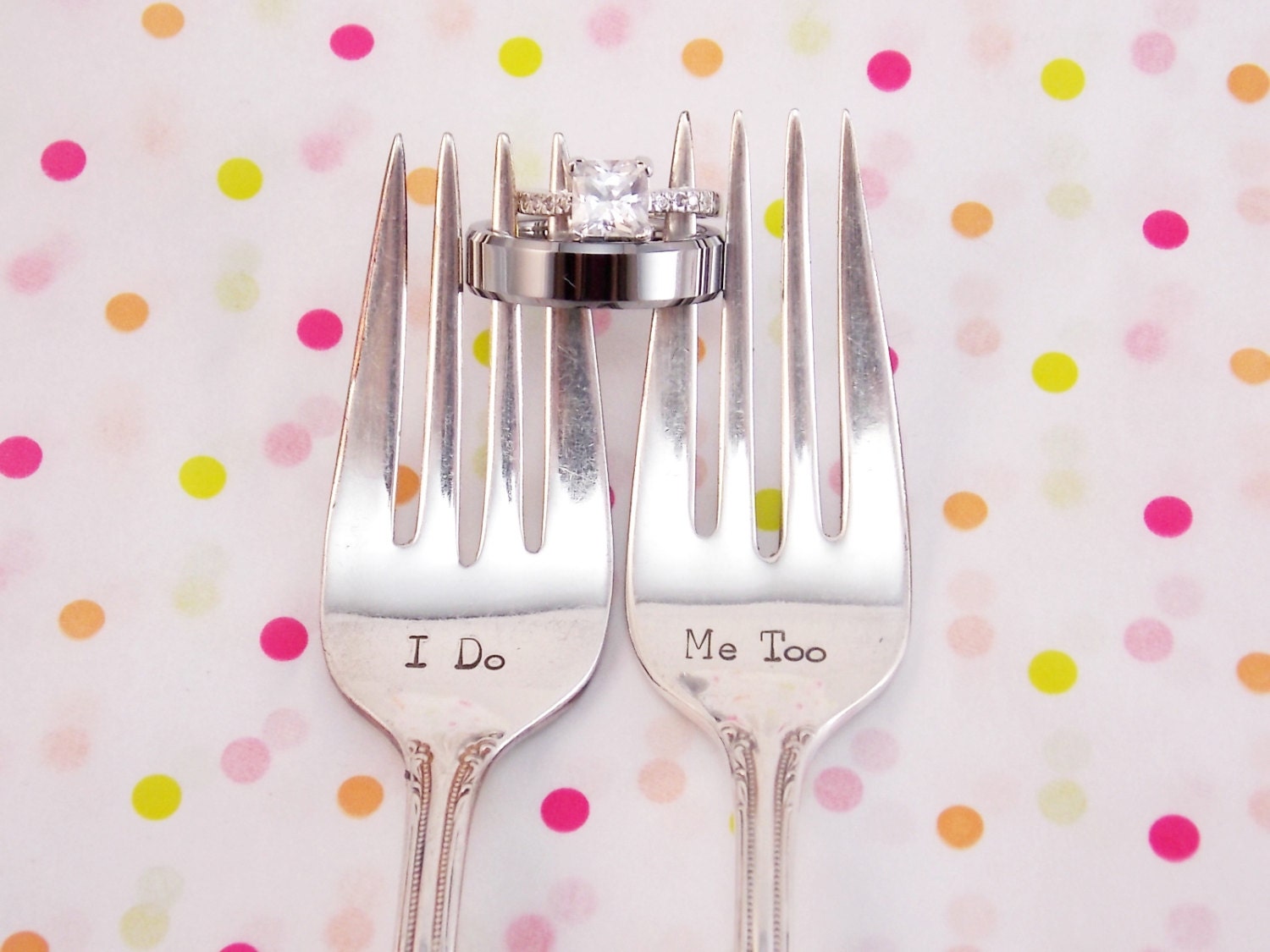 I Do/ Me Too Dessert Fork Set - Hand Stamped Vintage Silverware, wedding silverware, wedding gift