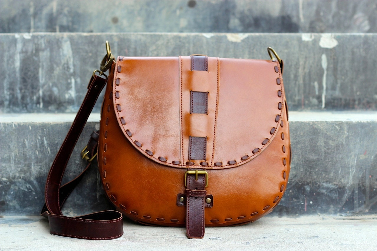 Handmade Leather Crossbody Purse Handbag – Caramel Creme Orange Delight – Large Hip Bag ...