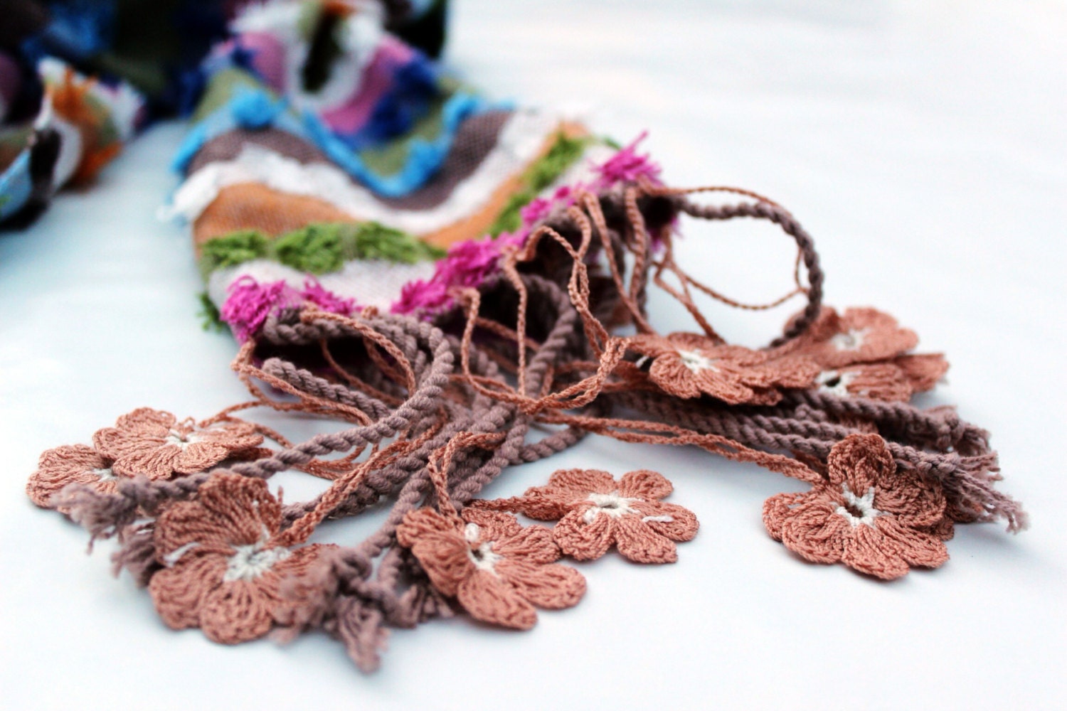 Spring Multicolor handmade fashion scarf, soft texture, organic silk, cotton, crochet flowers, Mother's day, warm, birthday gift