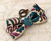 Flower Bracelet Beaded Pearl Bracelet Fabric Floral Teal Blue Bow Bracelet Ribbon Cuff Textile Statement Jewelry