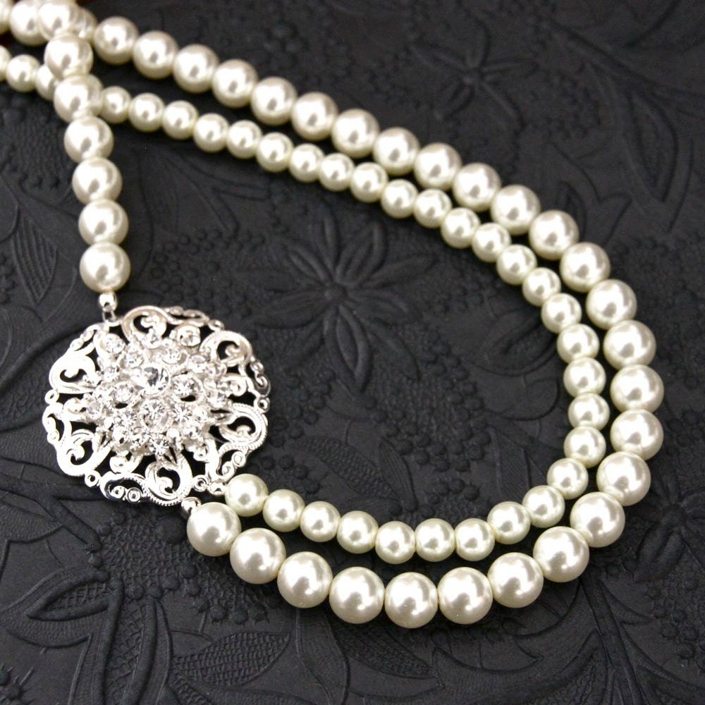 Bridal Statement Necklace Vintage Style Wedding Jewelry Crystal Beaded Necklace Ivory White Bridesmaid Necklace Pearl Necklace