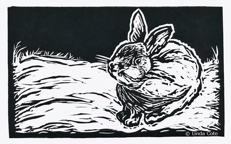 Backyard Bunny, Greeting Card, Hand Pulled Linocut, Printmaking Original