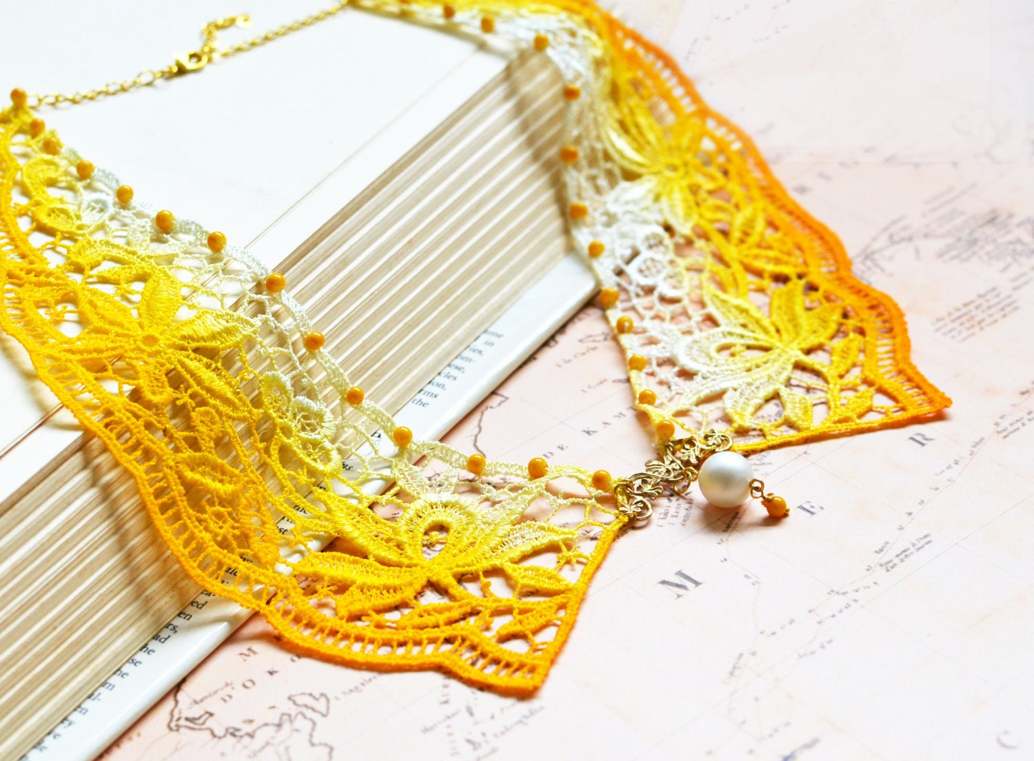 Lace Necklace - Lace Collar - Handmade Necklace - Handcrafted Necklace - Statement Necklace - Hand Dyed - Hand Beaded