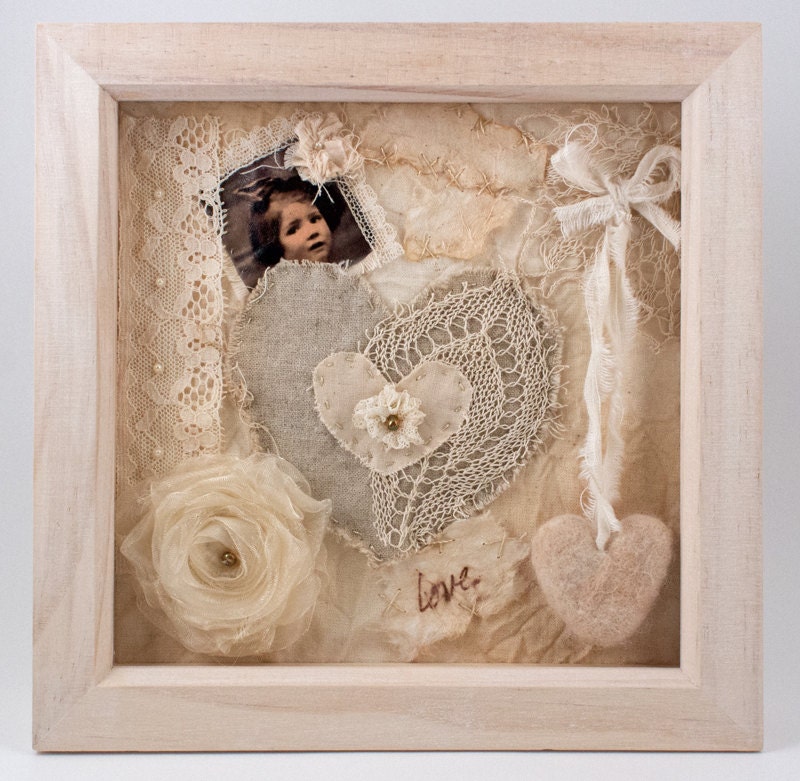 Romantic Lace Mixed Media Textile Fibre Collage Art, Wall Home Decor, Cream, Gift