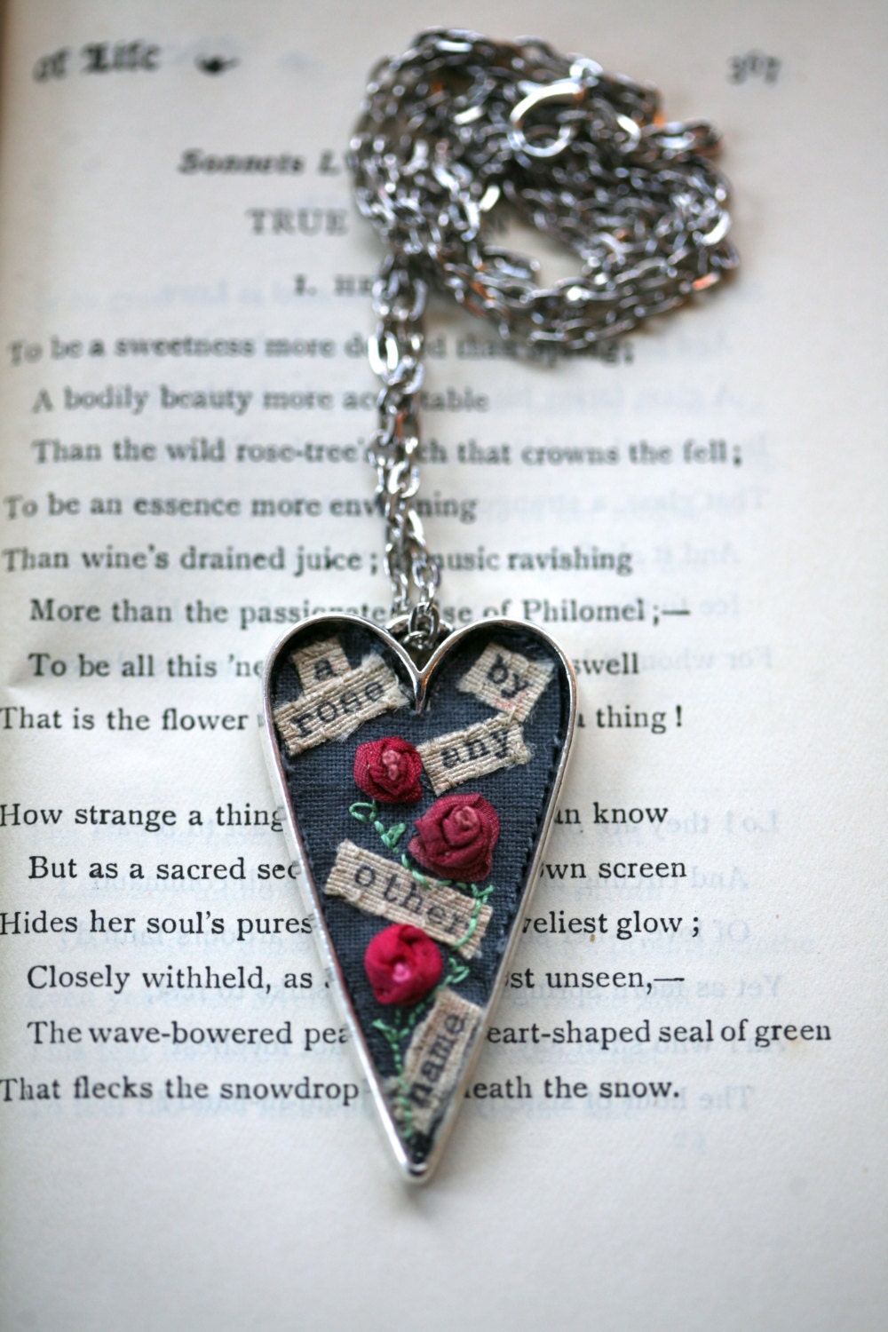 Large Elongated Heart Pendant Necklace, Textile, Vintage