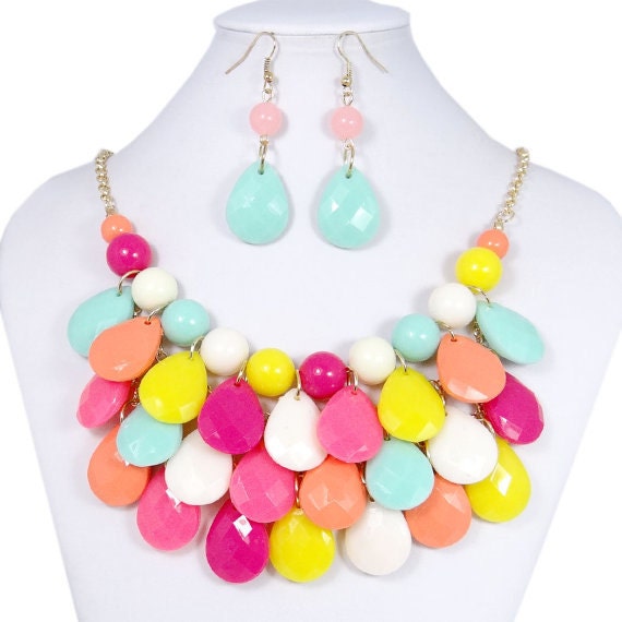 Kate Spade Inspired, Teardrop Necklace, Bib Necklace, Bubble Bib, Gift, Rainbow Necklace, Bridal Jewelry, Mothers day Gift