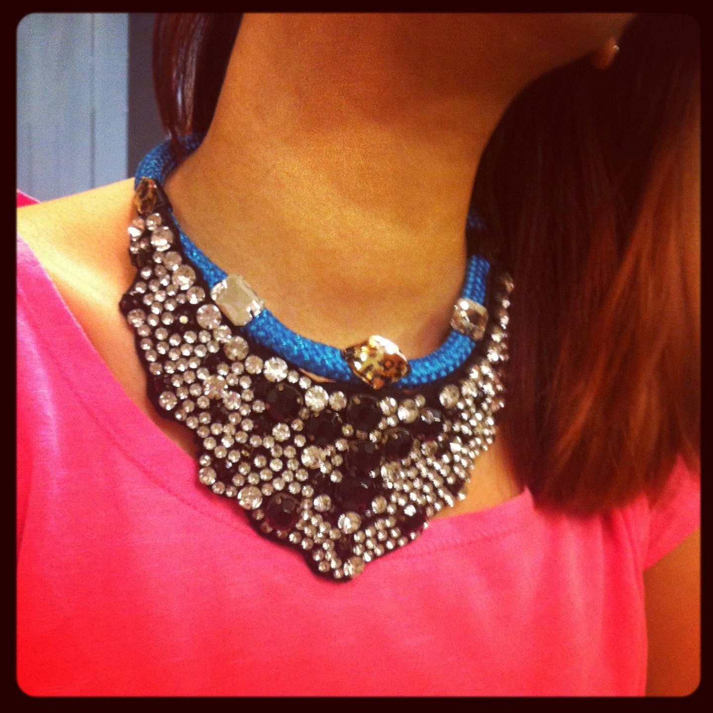Statement Necklace gemstones and neon rope, bib necklace, blue, vintage, fashion forward, boho chic, retro,  OOAK jewelry