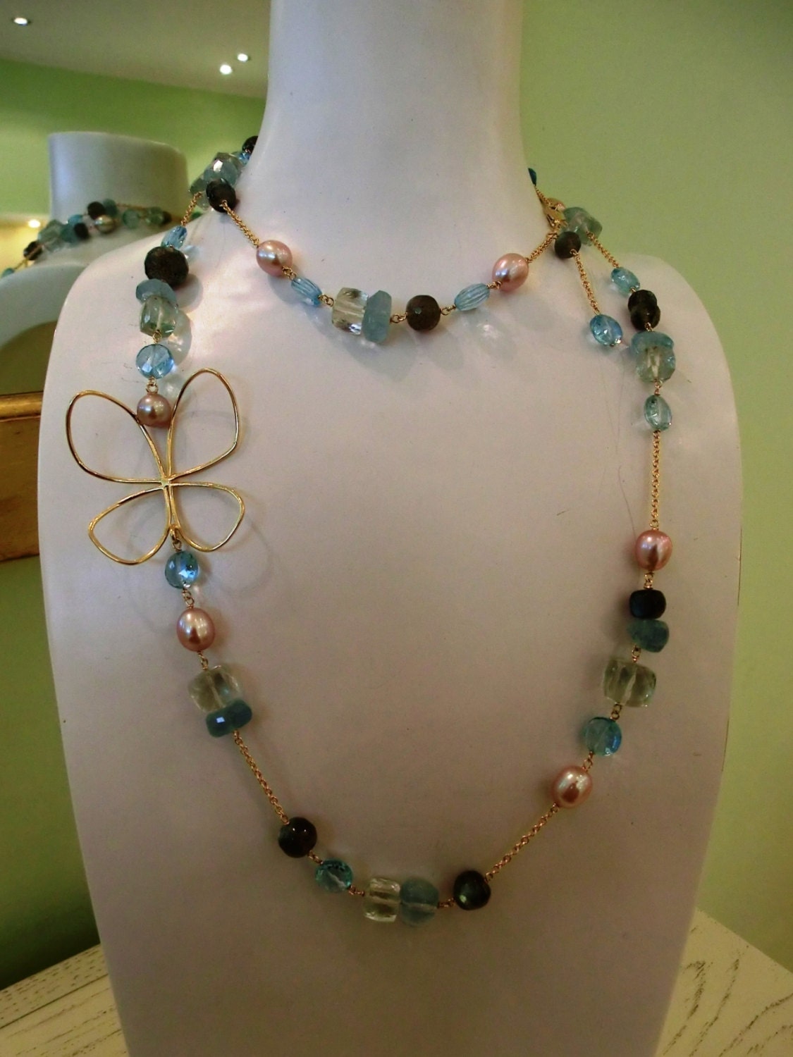 Aquamarine, Prasiolite,Labradorite,Blue Topaz, Natural Freshwater Pearls.18 Kt gold long necklace with natural stones.Italian Jewelry.