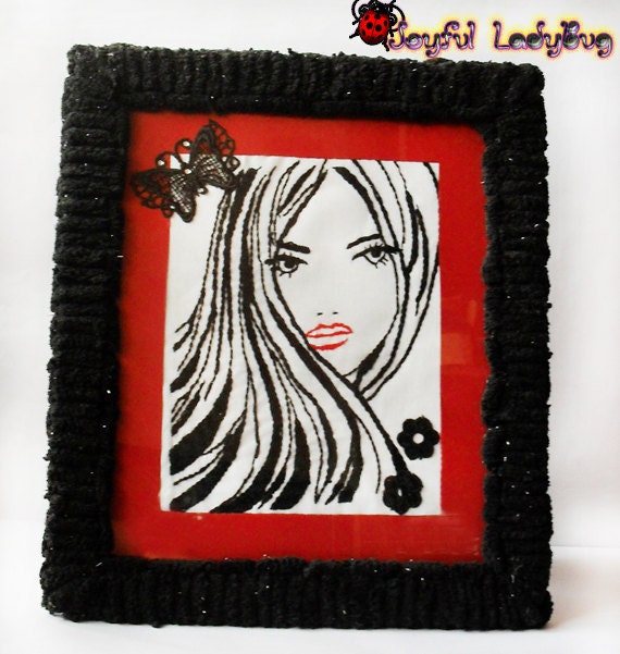 Finished Cross Stitch Picture girl, lady, woman face, red lips, butterfly, black, soft, gently, wall decor, wall hanging, black lady, kiss