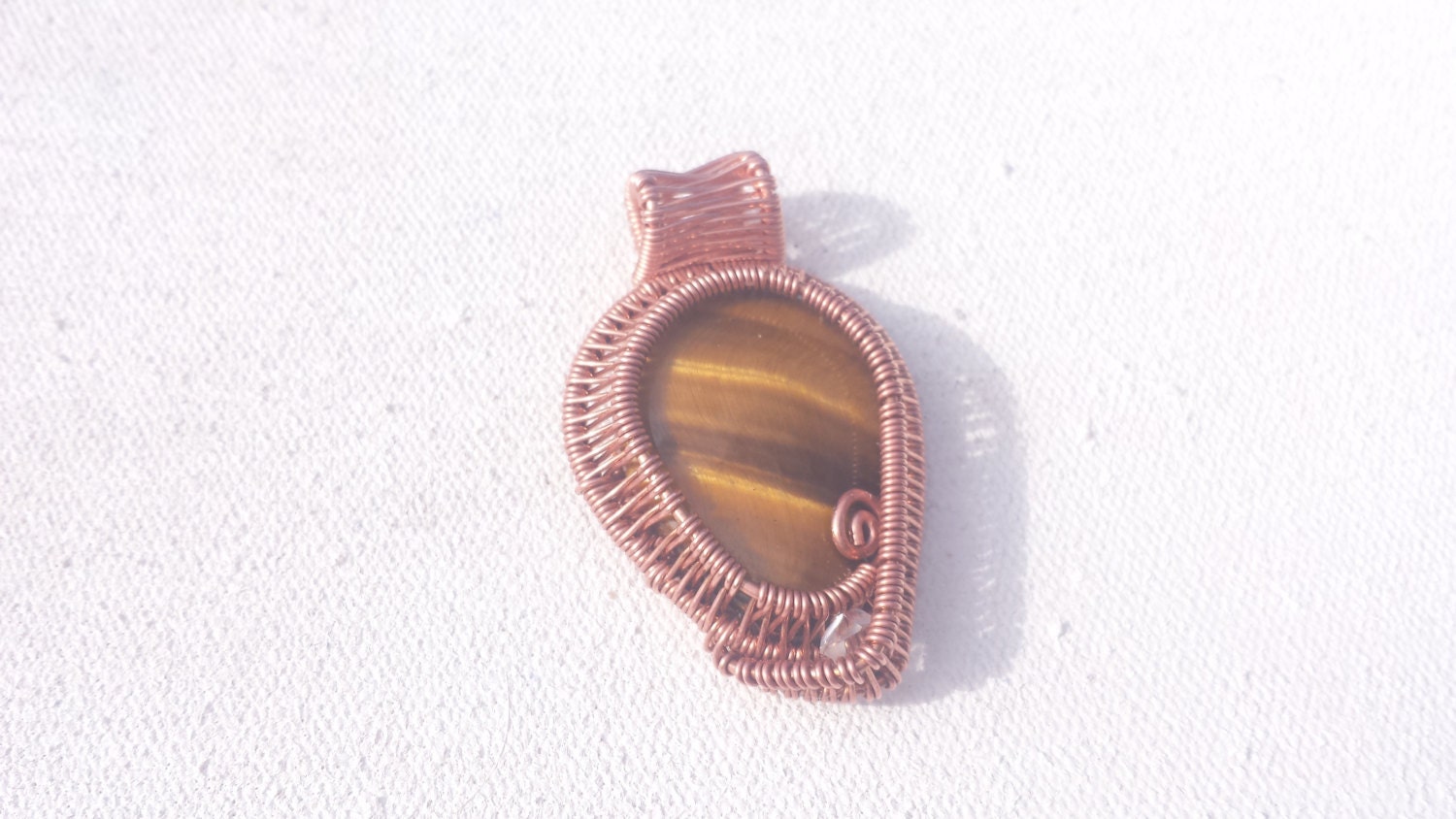 Tiger Eye and "Herkimer Diamond" Quartz Crystal Copper Wire Wrap Pendant
