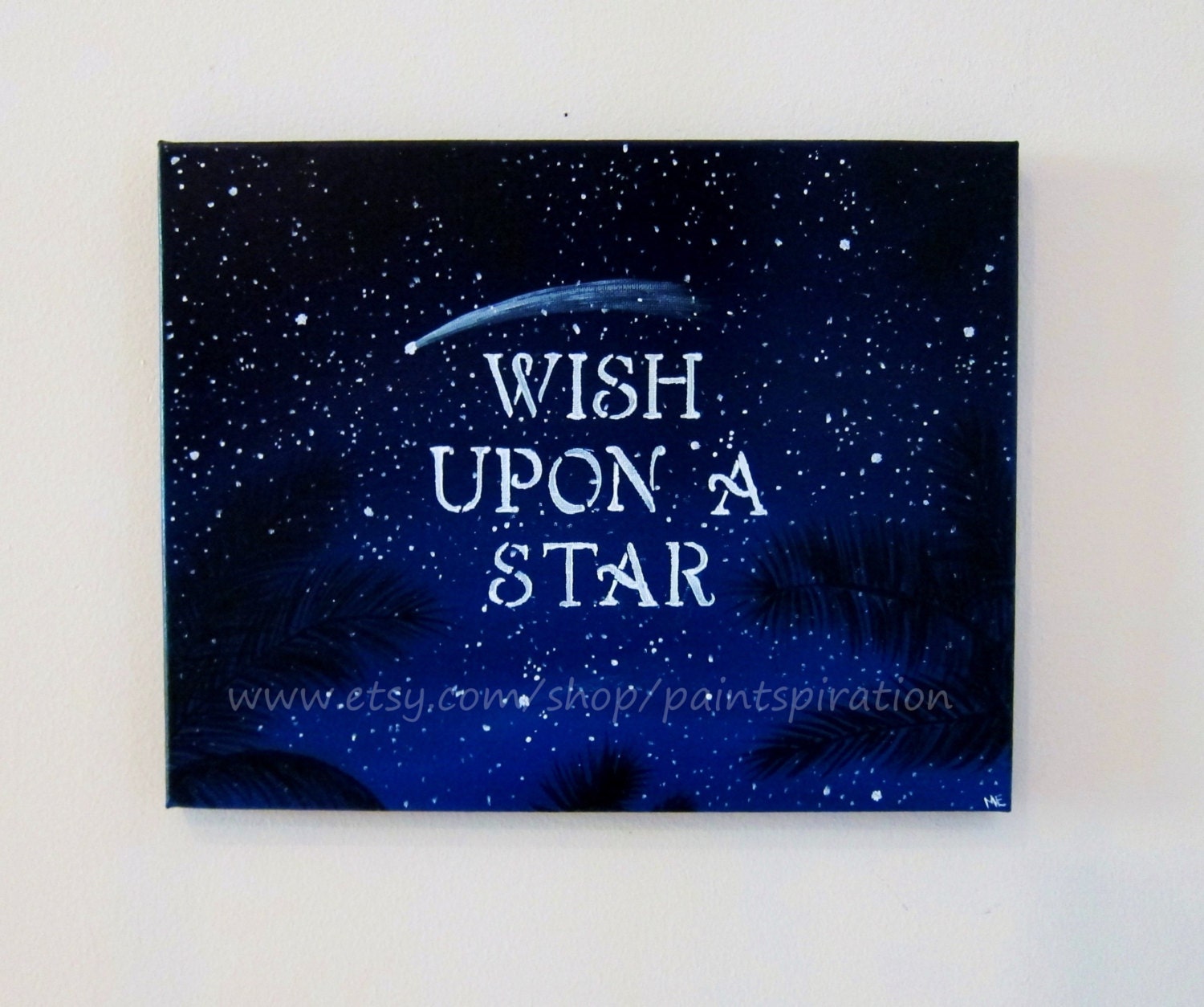 Print - Wish Upon A Star Inspirational Quote Art 8x10 Original Painting - Blue and Black Starry Sky & Palm Tree Artwork Wall Hanging