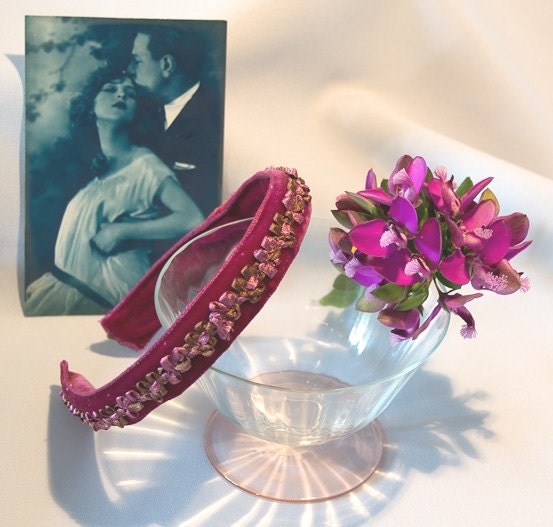 Headband, ruby velvet and trimmings -light brown and thulian pink-, hairband, hair accessory