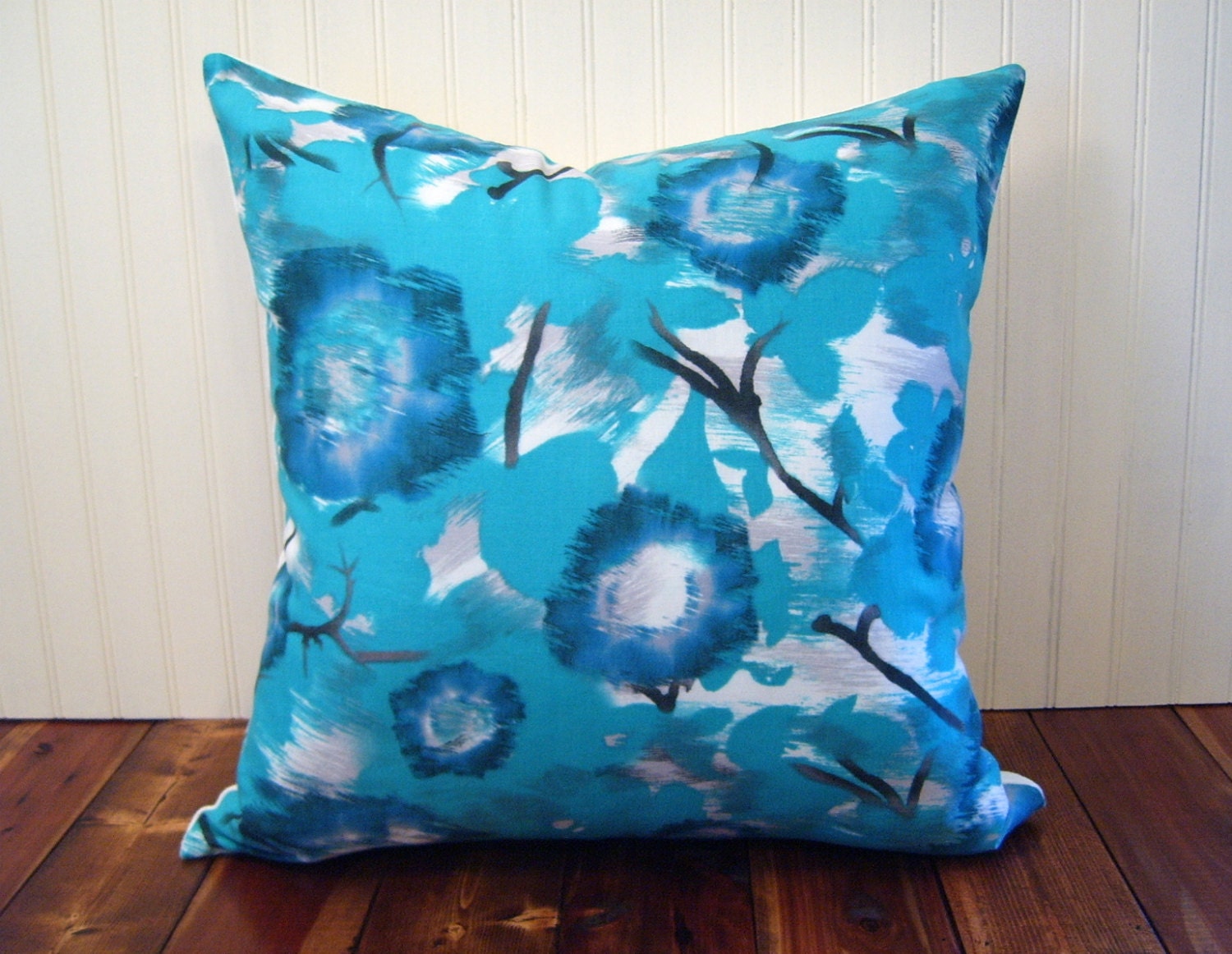 Linen Aqua and Blue Watercolor Flower Pillow Cover 18 x 18