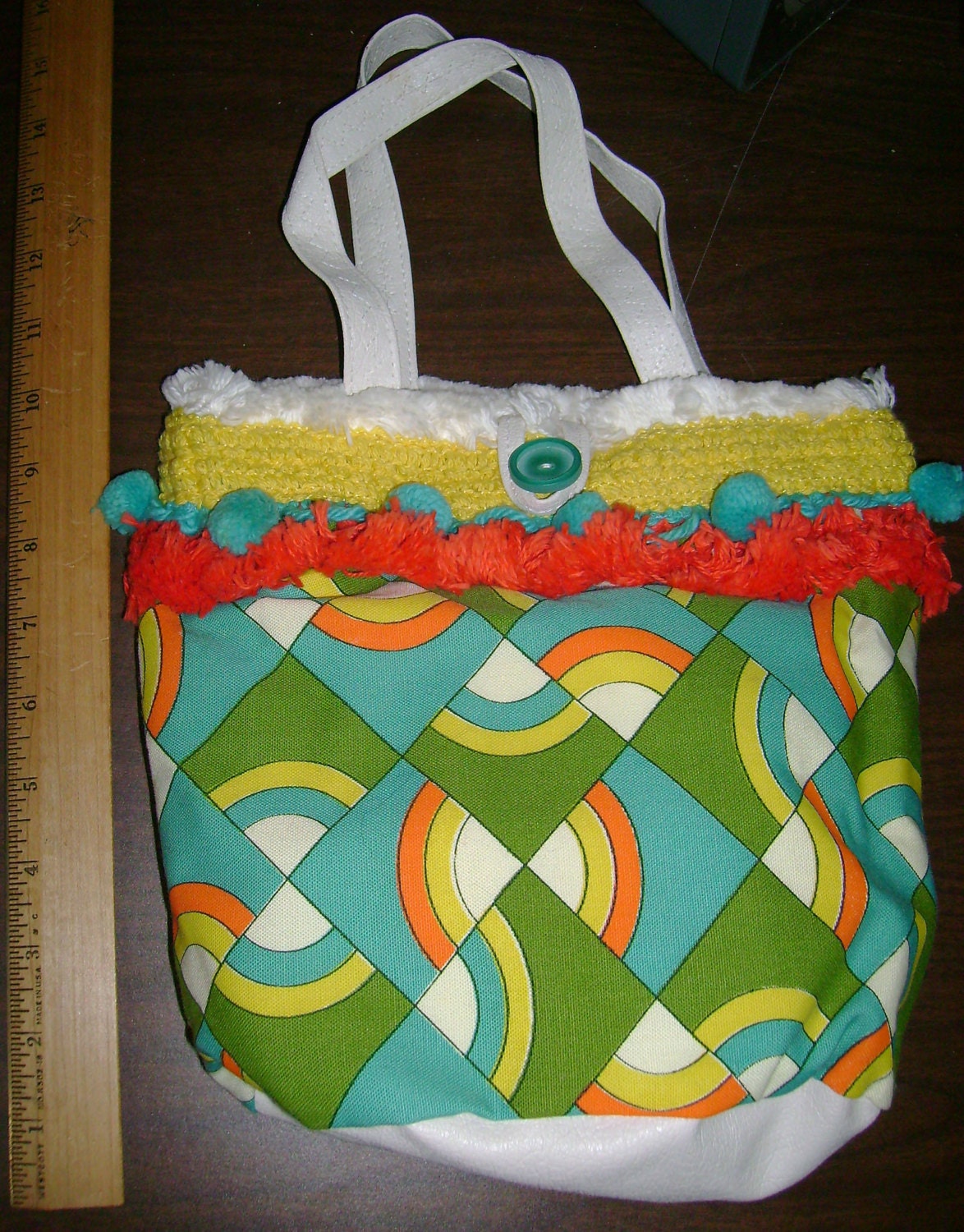 BUCKET BAG Hand-Made Purse from Vintage Fabric - Colorful Abstract Rainbows, Fringe & Pom Pom Trim
