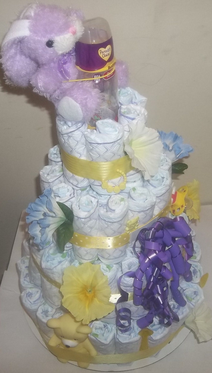 Lovely Purple & Yellow 4-Tier Diaper Cake