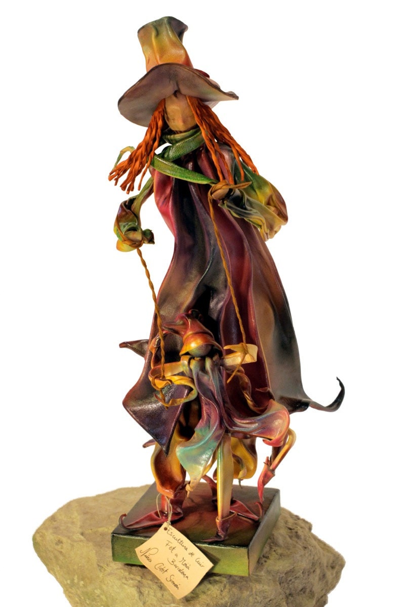 Woodland Puppeteer - hand crafted leather sculpture figurine with base - fantasy character - ornament - large size