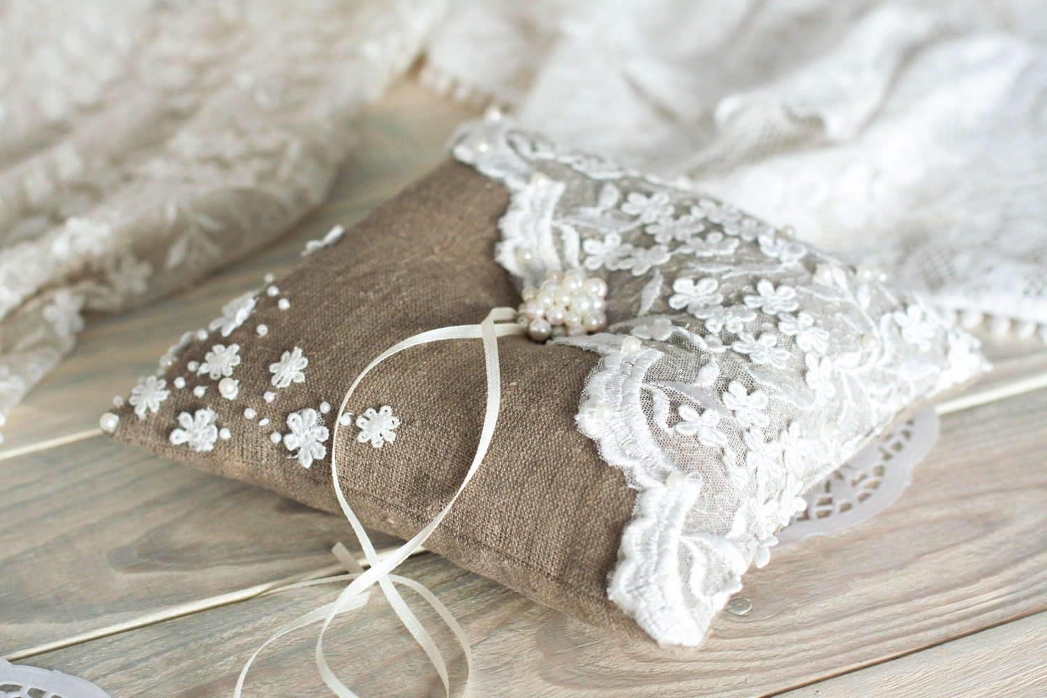 Vintage Wedding ring pillow with  lace and  pearl / Burlap and white