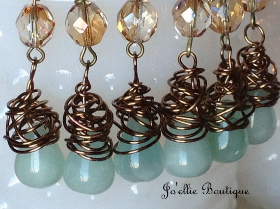 bridesmaid earrings SET of 3 pairs mint green and brown earrings rustic wedding jewelry set bird nest theme bridal sets gift vintage robins