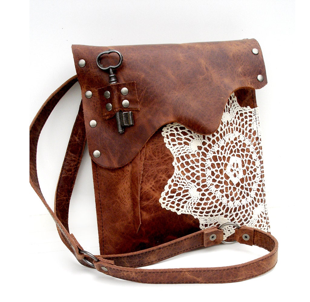 Leather Boho Messenger Bag with Crochet Doily and Antique Key - Medium One Of A Kind - MADE TO ORDER