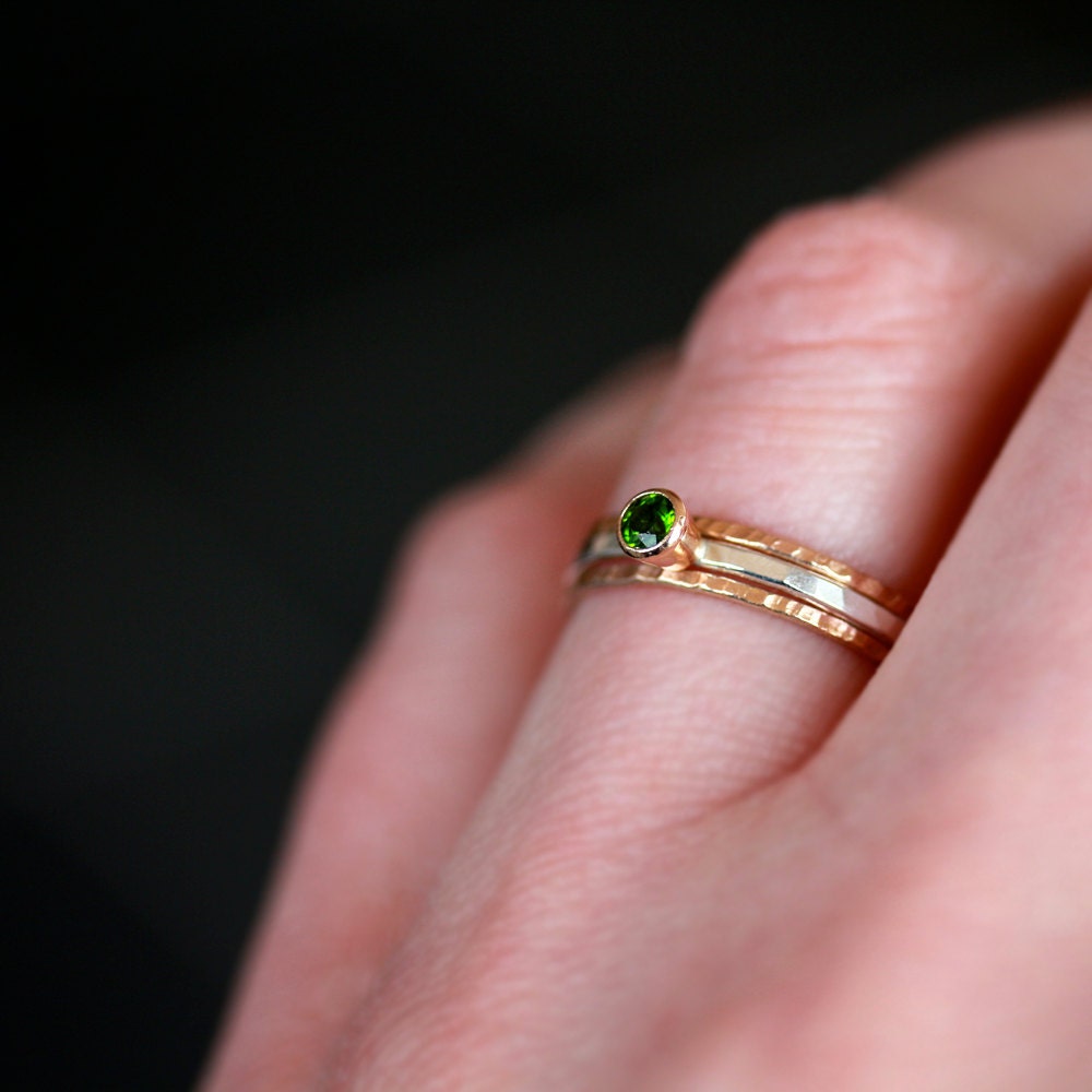 Green and 14k Gold Stacking Ring Set Chrome Diopside Gemstone Solitaire Fine Jewelry Three Bands Mixed Metal