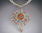 Big Silver Solstice Necklace Pendant Statement piece with red and orange sapphires sterling silver beads iridescent  polymer inlay