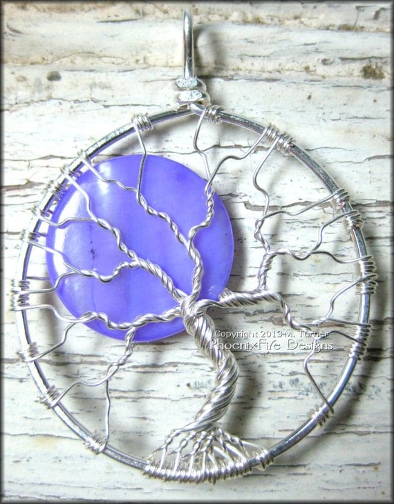 Purple Moon - Tree of Life Pendant in Sterling Silver Wire with Purple Pearl Shell Full Moon Night Magic Royalty