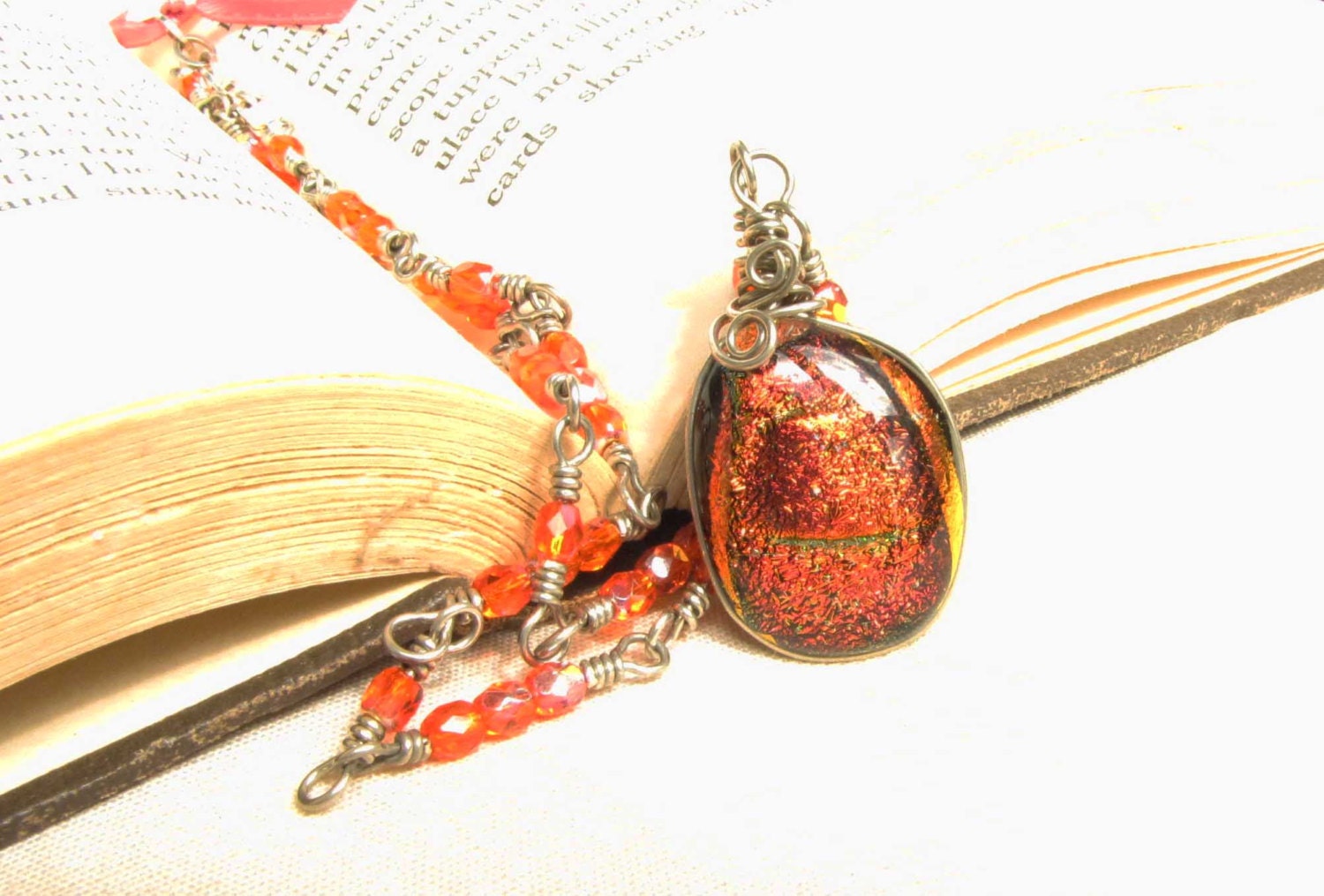 Orange Black Fused Glass Pendant Necklace  Orange Crystal beads Sterling Silver Wire Wrapped