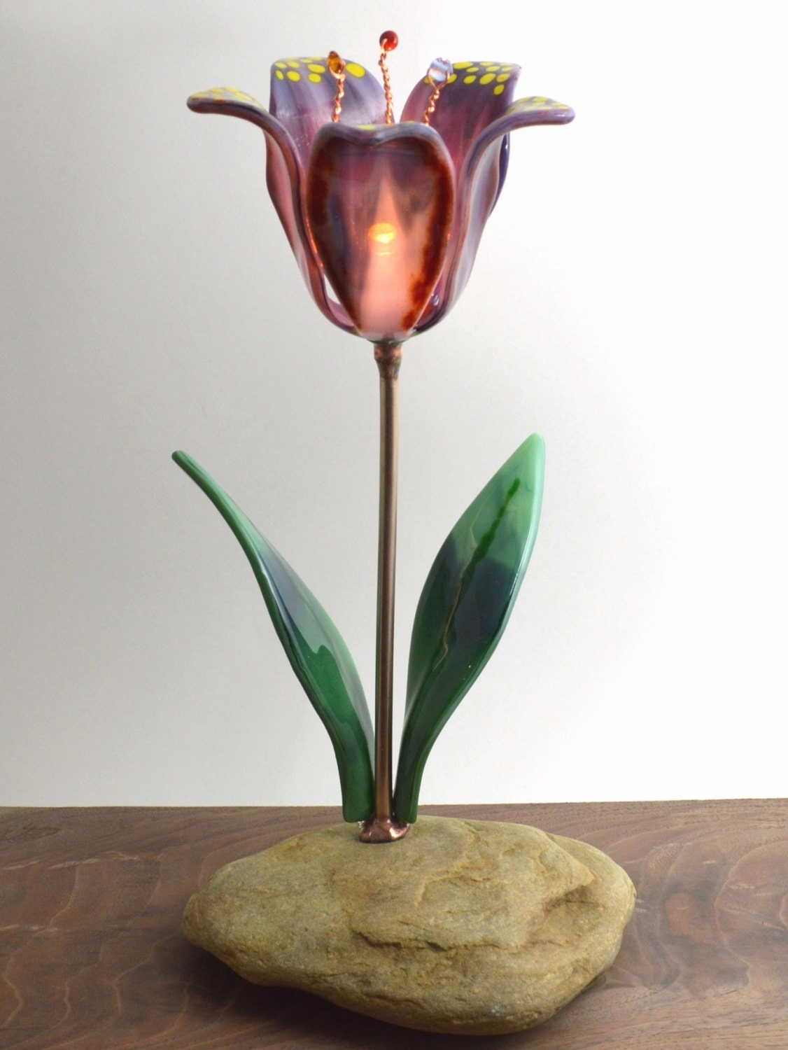 Glass Flower Lamp / Fused Glass Table Lamp / Stained Glass Lamp / Accent Lamp / Art Glass Lamp - Purple Tulip Lamp