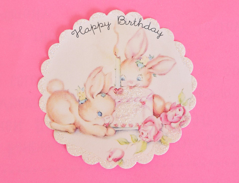 Vintage Bunnies Happy Birthday Roses Cake Gift Package Seal Glitter Sticker - Pretty UP a package