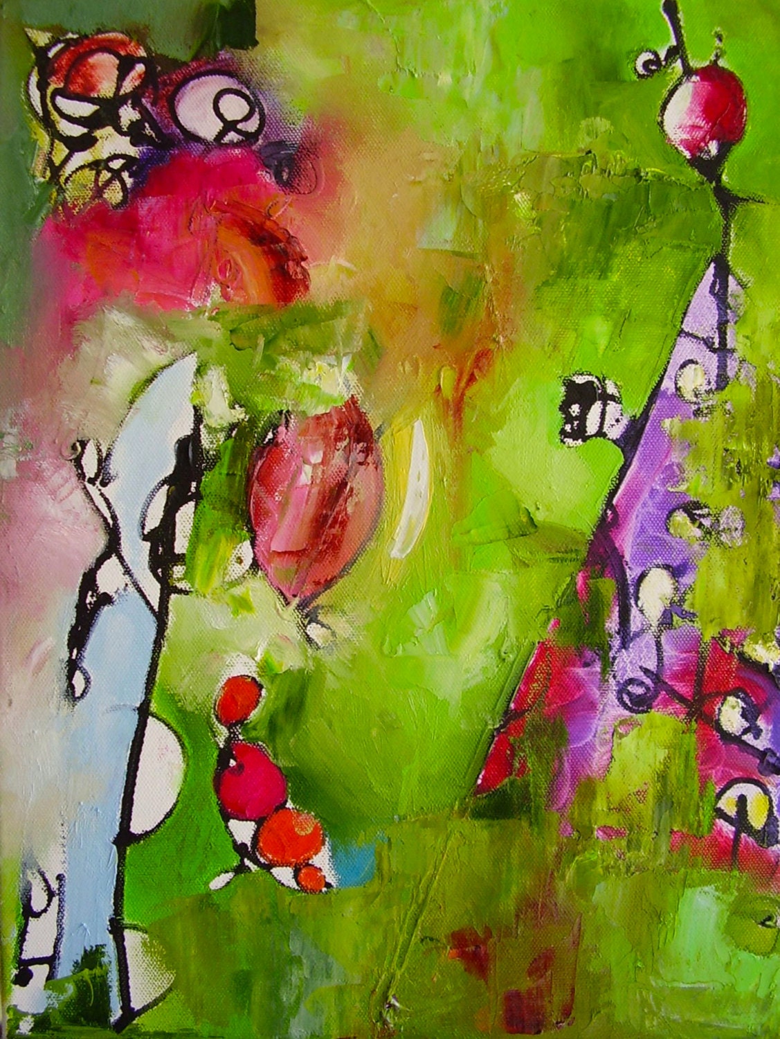 Original painting, abstract, small, green purple and rose, 30 x 40 cm