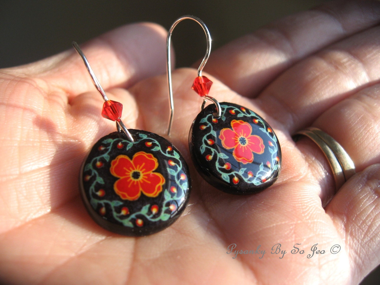 Eco Red Poppies Pysanky Batik Egg Shell Earrings