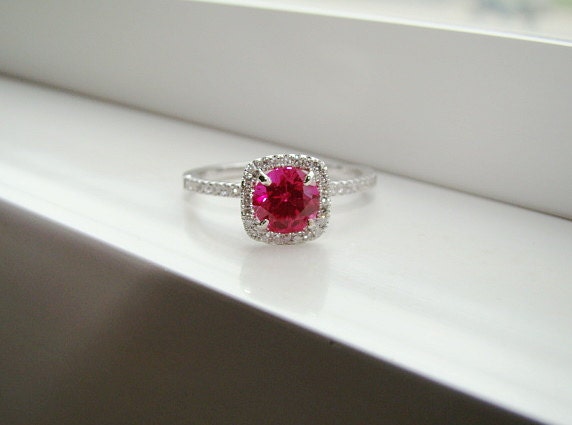 Halo Ruby Diamond Ring Gemstone Engagement Ring Custom Red Cushion Round Halo Setting 14K White Gold size