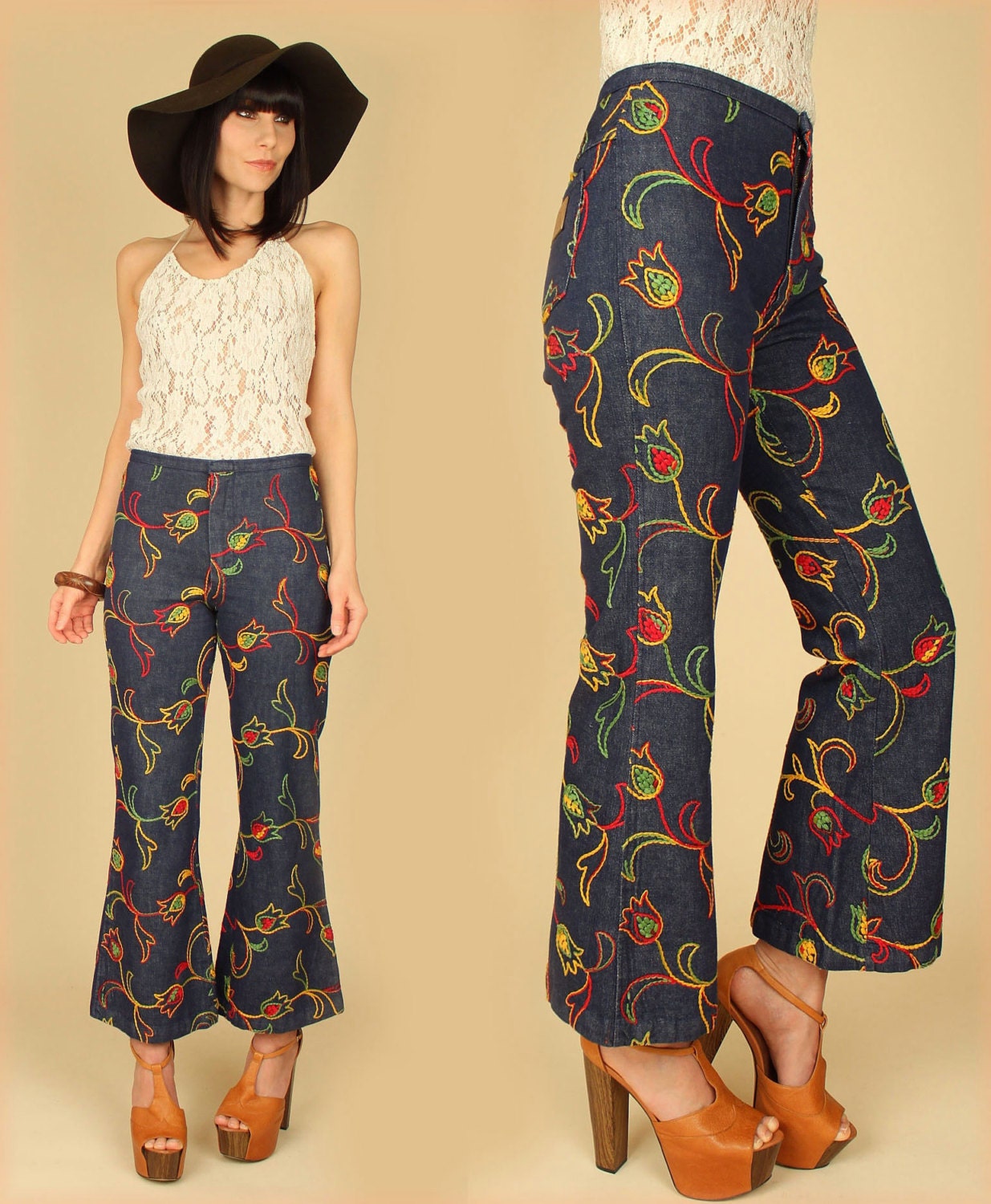 ViNtAgE 70's RARE Wrangler EMBROIDERED Floral Dark Denim Bell Bottom Jeans 26