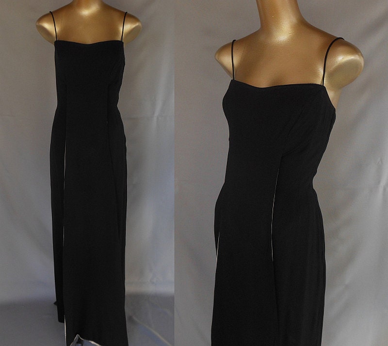 Vintage 60s Estevez Dress - 1960s Evening Gown - Black Silk Crepe with Fly a Way Panels  - Size XS to S