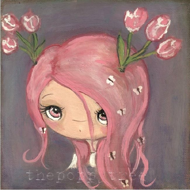 Tulip Painting SPECIAL PRICE Flower Wall Art Pink Tulip Girl Original Painting 6 x 6 Tulips