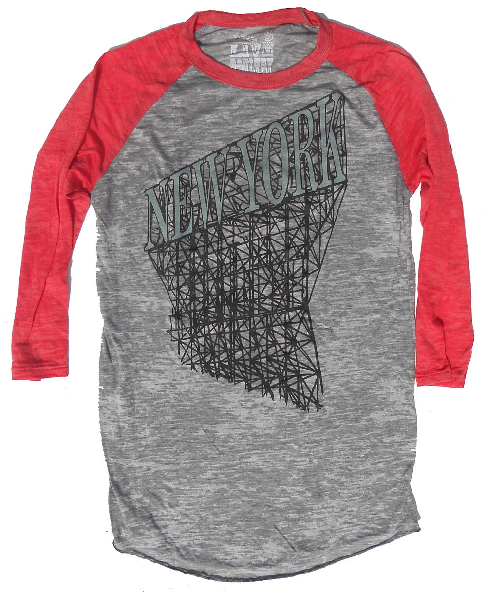 Women's Baseball Shirt, New York City Sign in Unisex Burnout Grey and Coral Red - XS, S, M, L, XL