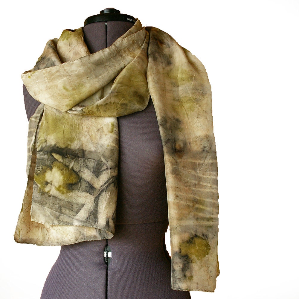 Silk scarf hand dyed eco printed plant dyed