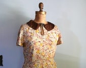 vintage 1930s Dress  // Floral Silk Rayon with Brown Peter Pan Collar