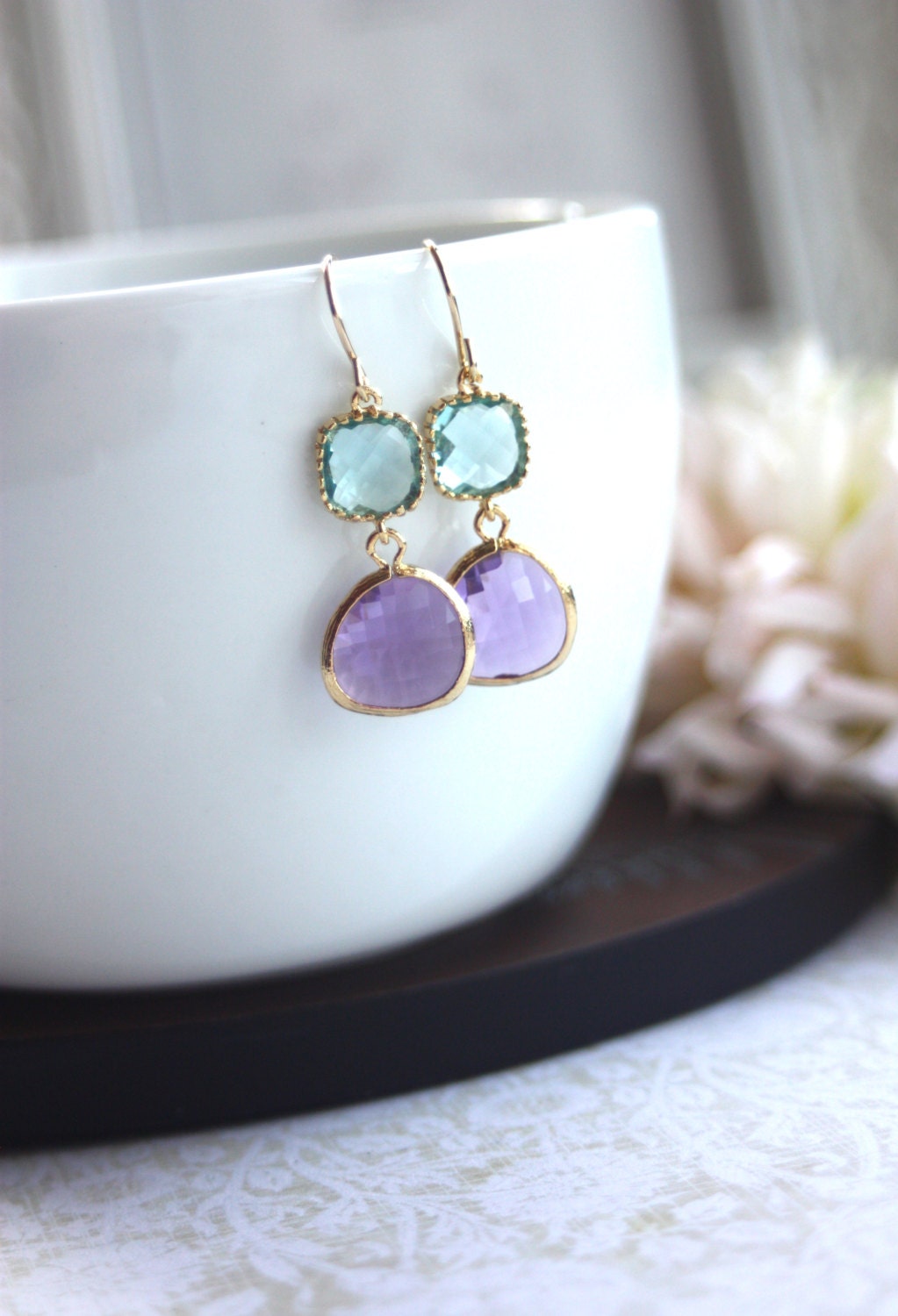 Aqua Blue Framed Glass and Lavender Glass Drop Dangle Earrings. Modern Everyday. Wedding Bridal Bridesmaids Earrings. Lavender Wedding