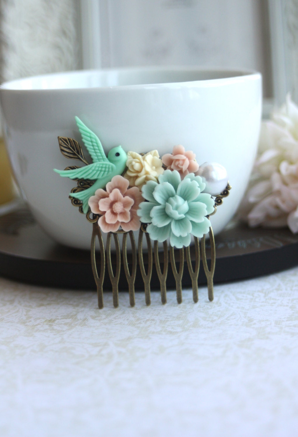 Mint Green, Pink Sakura, Green Swallow Bird, Pearl, Ivory Flower Collage Hair Comb. Bridesmaids Comb. Nature Wedding. Bridal, Mint Wedding.