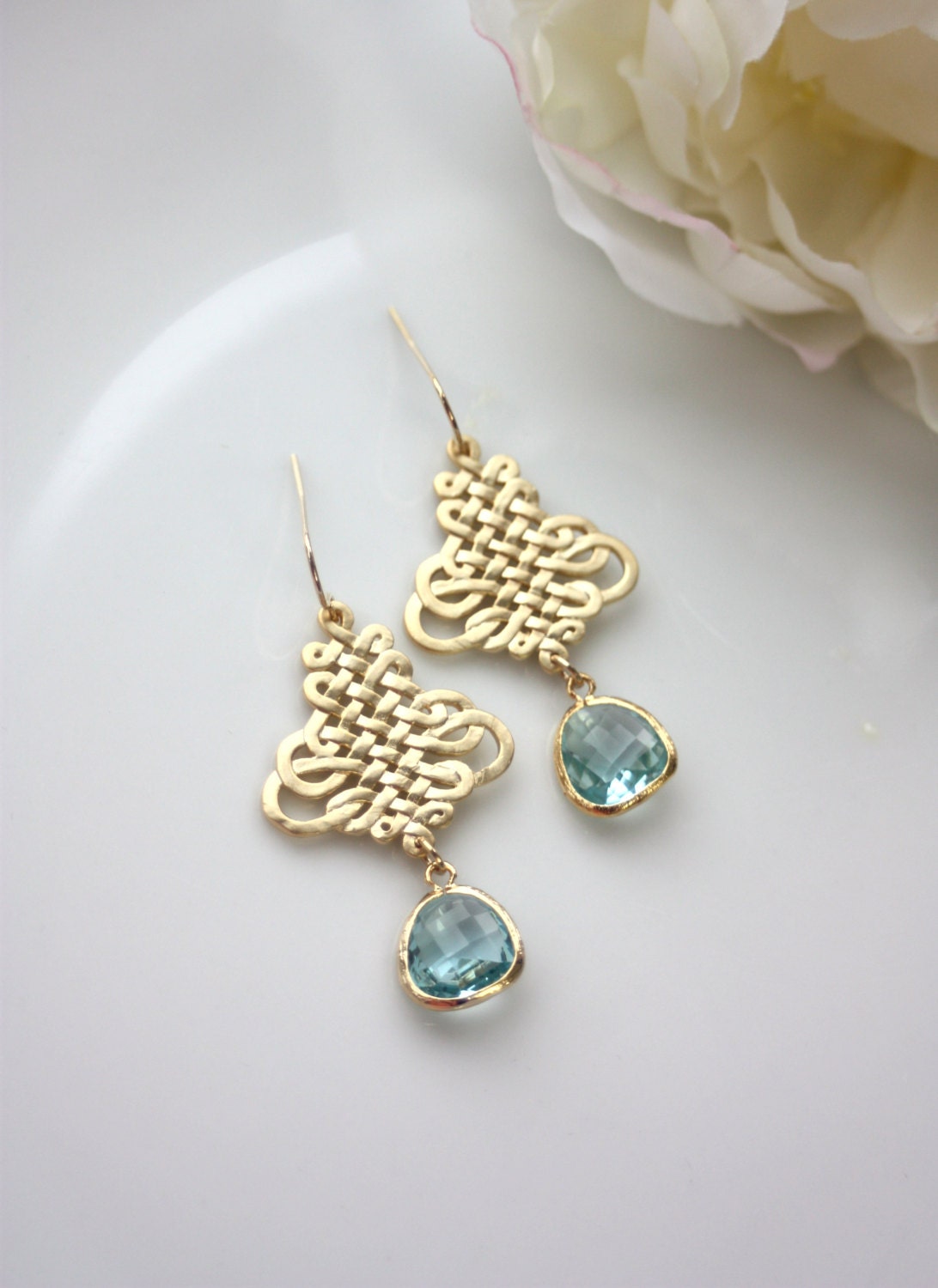 Aquamarine Gold Frame Glass Drops, Matte Gold Plated Chandelier Dangle Earrings. Bridesmaid Gift, Blue Wedding. Something Blue Jewelry