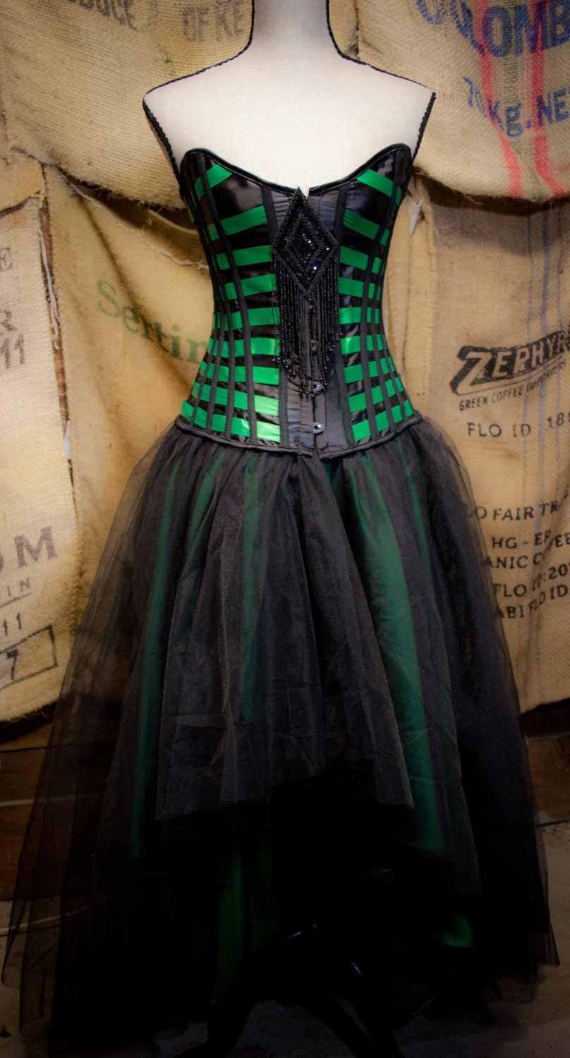 Bridal Costume Prom Wedding Dress in Green & Black tulle skirt,  Burlesque corset top